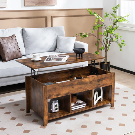 Rising Center Table with Lift Top Hidden Compartment-Rustic Brown
