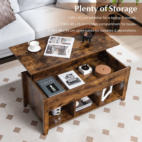 Rising Center Table with Lift Top Hidden Compartment-Rustic Brown