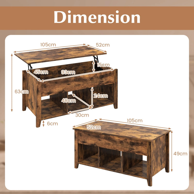 Rising Center Table with Lift Top Hidden Compartment-Rustic Brown