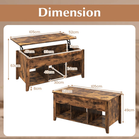 Rising Center Table with Lift Top Hidden Compartment-Rustic Brown