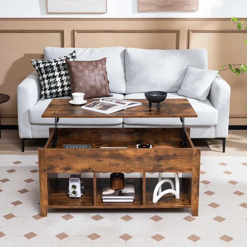 Rising Center Table with Lift Top Hidden Compartment-Rustic Brown