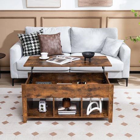 Rising Center Table with Lift Top Hidden Compartment-Rustic Brown