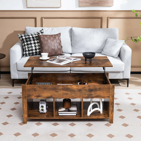 Rising Center Table with Lift Top Hidden Compartment-Rustic Brown
