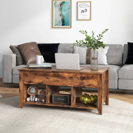 Rising Center Table with Lift Top Hidden Compartment-Rustic Brown