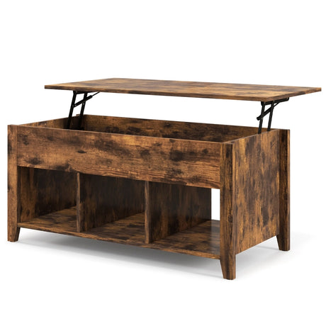 Rising Center Table with Lift Top Hidden Compartment-Rustic Brown