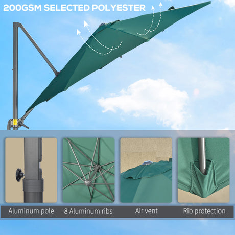 Outsunny 3 x 3(m) Cantilever Parasol with Cross Base, Garden Umbrella with 360 Rotation, Crank Handle and Tilt for Outdoor, Patio, Green