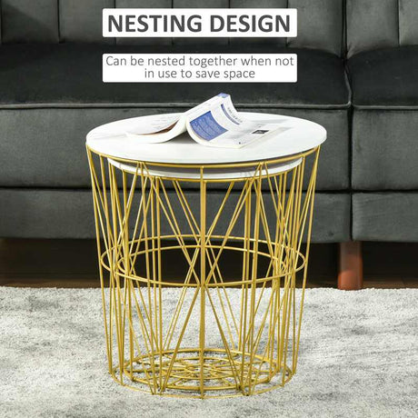 HOMCOM Set of 2 Nesting Side Tables with Storage, Round End Tables Coffee Tables with Steel Frame and Removable Round Top, for Living Room, bedroom, office, White