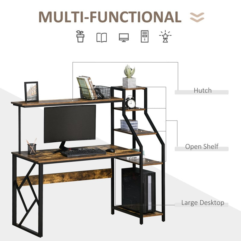 HOMCOM Computer Desk with Bookshelf, Industrial Writing Table with 6 Tier Storage Shelves for Home Office, Bedroom, Study, 150 x 55 x 138cm, Rustic Brown