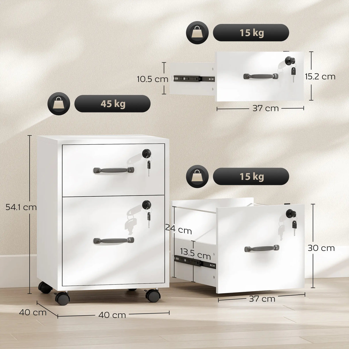 HOMCOM Rolling File Cabinet with 2 Drawers, Mobile Filing Cabinet with Hanging File Folder for Letter Sized Documents, White