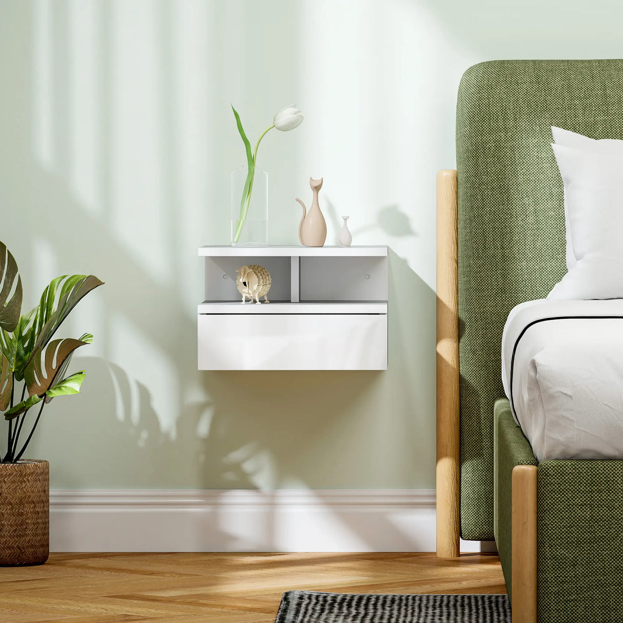 HOMCOM Floating High Gloss Bedside Table - High Gloss White