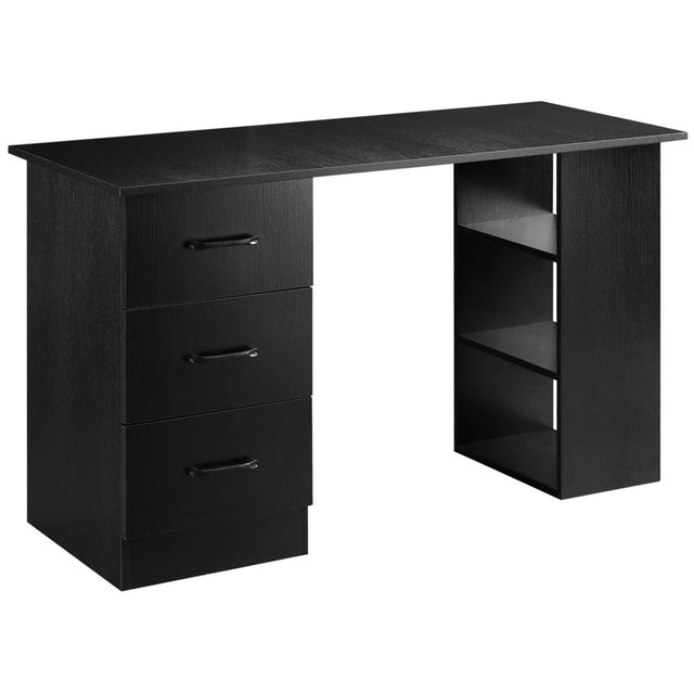 HOMCOM Computer Desk, Writing Table, PC Workstation with 3 Storage Shelves and Drawers, Black Handle, for Home Office, Black