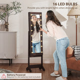 HOMCOM Free Standing Mirror Jewelry Cabinet with LED Lights, Jewellery Organiser with 3 Angle Adjustable, Full-Length Mirror with Storage for Earrings, Necklaces, Rings and Lipsticks, Dark Brown