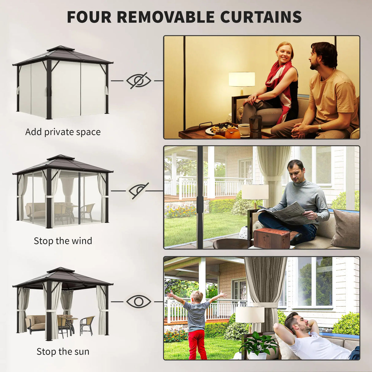 Outsunny 3 x 3(m) Hardtop Gazebo Canopy with UPF30+ Double Polycarbonate Roof, Aluminium Frame Garden Gazebo Permanent Pavilion with Mosquito Netting and Curtains for Patio, Deck, Beige