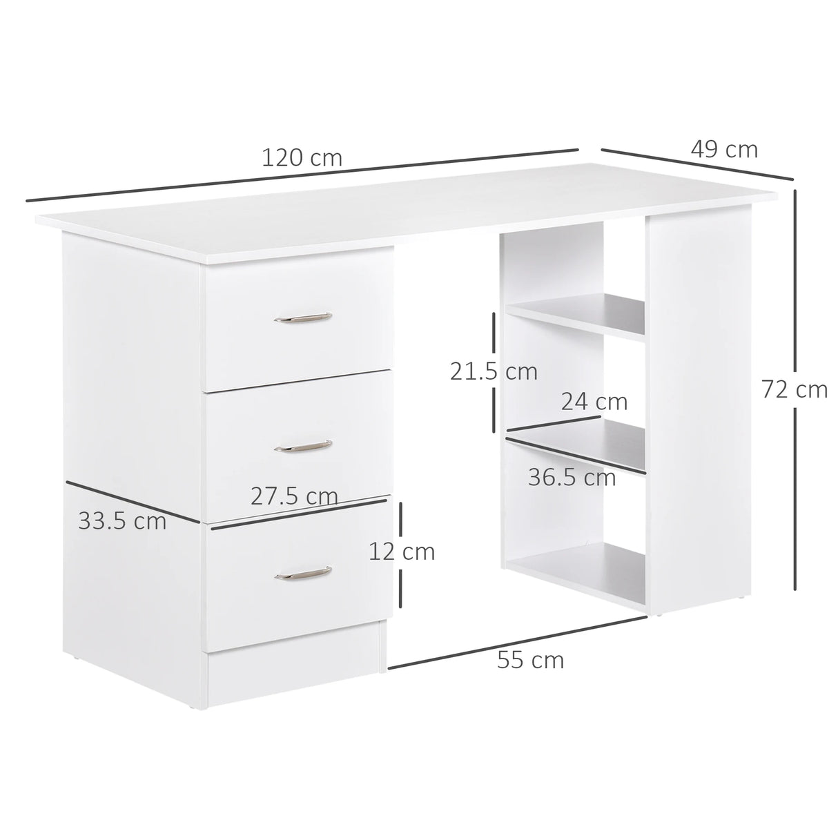 HOMCOM Computer Desk, Writing Table, PC Workstation with 3 Storage Shelves and Drawers, Silver Handle, for Home Office, White