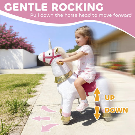 AIYAPLAY Kids Rocking Horse, Plush Walking Horse with Wheels, Ride On Unicorn Toy for Ages 3-5 Years Old, White