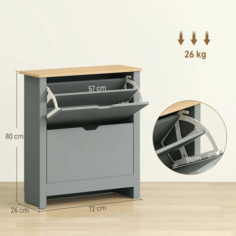 HOMCOM Slim Shoe Cabinet, Narrow Shoe Cupboard with 2 Flip Drawers, Adjustable Shelves for 12 Pairs of Shoes, Light Grey