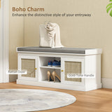 HOMCOM Boho Shoe Storage Bench with Padded Cushion and Rattan Doors - White