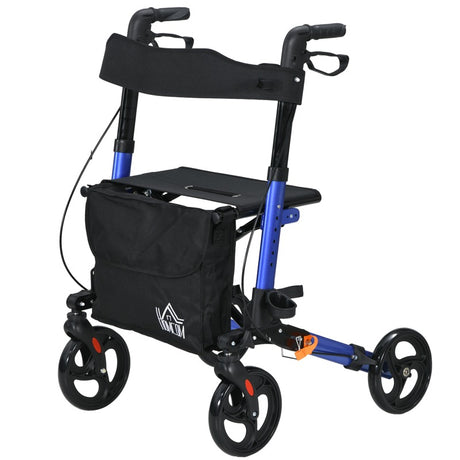 HOMCOM 4 Wheel Rollator with Seat and Back, Folding Mobility Walker with Carry Bag, Adjustable Height, Dual Brakes, Cane Holder, Lightweight Aluminium Walking Frame for Seniors and Disabled, Blue