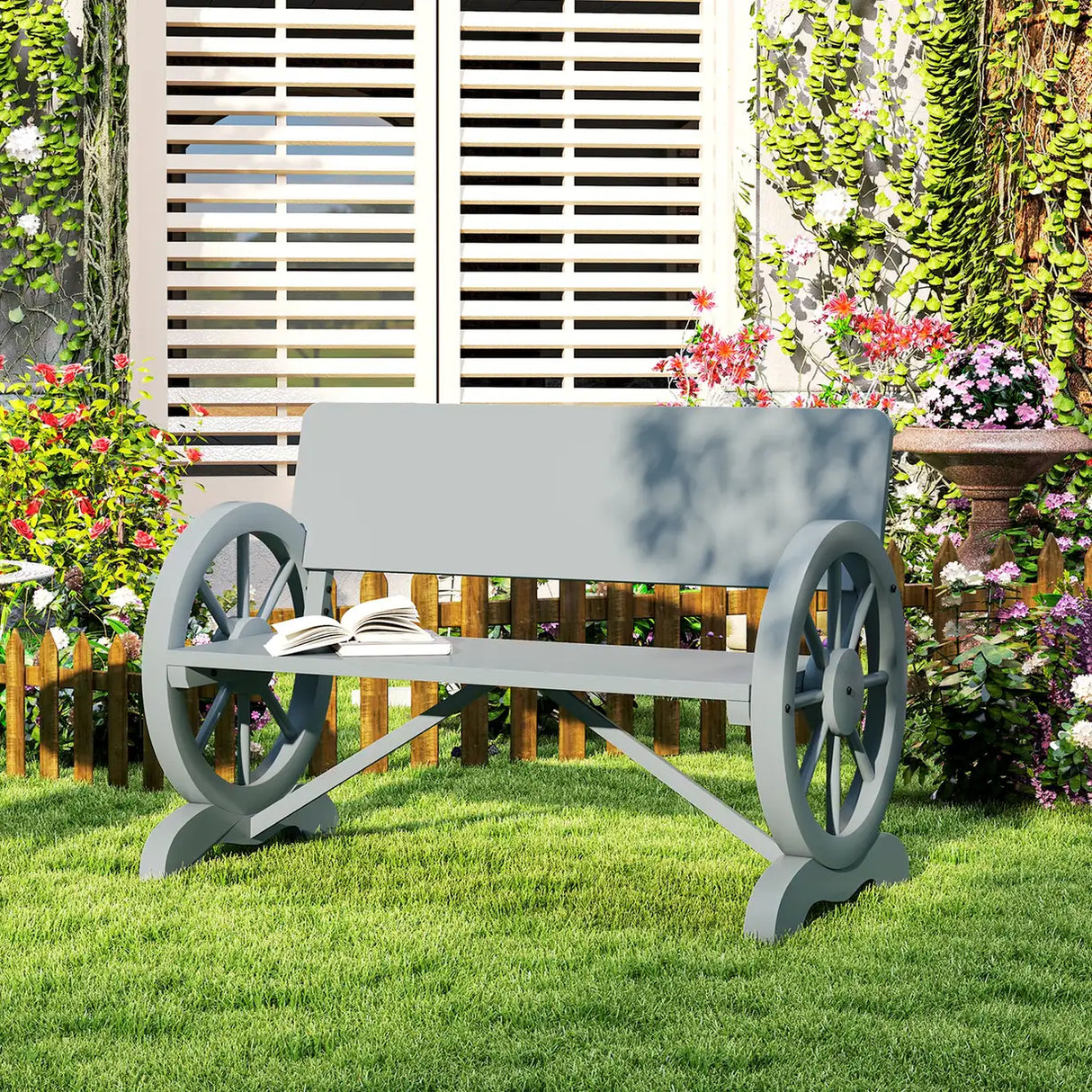 Outsunny Fir Wood 2-Seater Outdoor Garden Wagon Wheel Bench, Grey