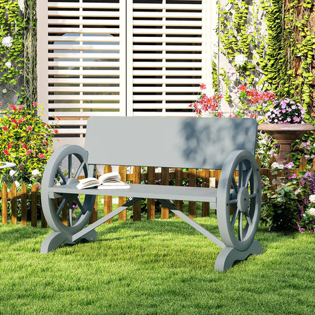 Outsunny Fir Wood 2-Seater Outdoor Garden Wagon Wheel Bench, Grey