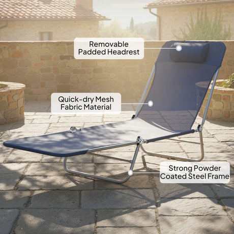 Outsunny Folding Sun Lounger with Head Pillow - Dark Blue