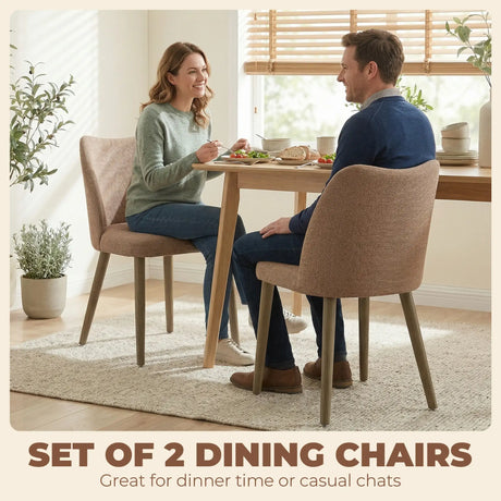 HOMCOM Dining Chairs Set of 2, Linen Upholstered Kitchen Chairs with Padded Seat, Curved Backrest, Rubberwood Legs, Brown
