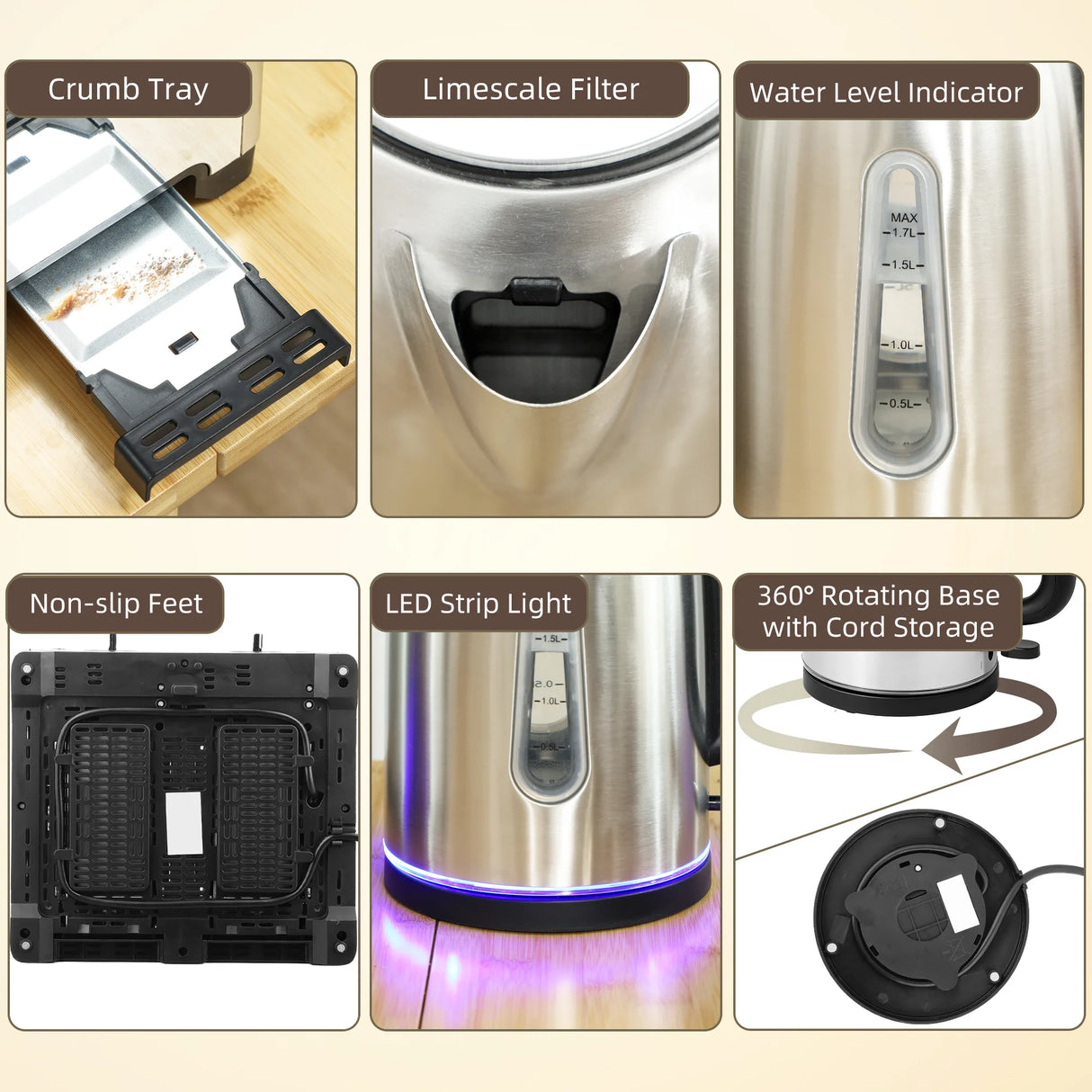 HOMCOM Kettle and Toaster Set, 1.7L 3000W Rapid Boil Jug Kettle with Strix Thermostat, Limescale Filter, 4 Slice Toaster with 7 Browning Controls, Crumb Tray, Silver Tone