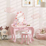 AIYAPLAY Kids Dressing Table Set, Vanity Table with Stool, Mirror, Drawer, Desktop, Storage, Strawberry-Theme, Pink