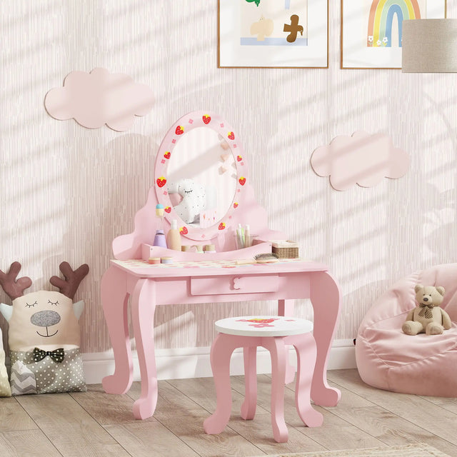 AIYAPLAY Kids Dressing Table Set, Vanity Table with Stool, Mirror, Drawer, Desktop, Storage, Strawberry-Theme, Pink