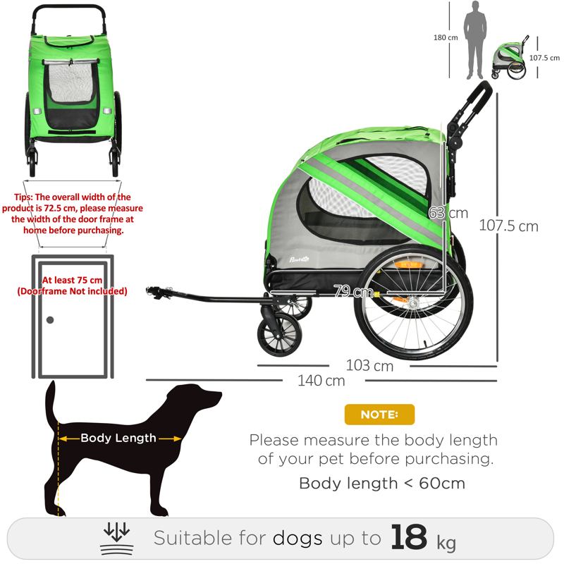 PawHut 2-In-1 Dog Bike Trailer Pet Stroller Pushchair with Universal Wheel Reflector Flag Green