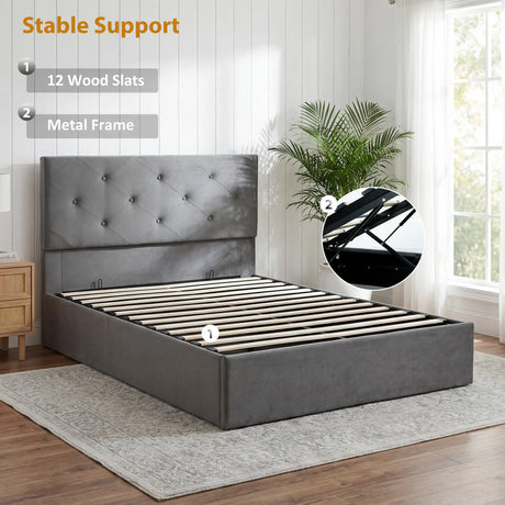 HOMCOM King Size Bed Frame Gas Side Lift Under Bed Storage Upholstered Platform Bed Tufted Headboard for 150 x 200 cm Mattress