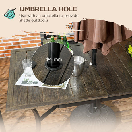 Outsunny Six-Seater Steel Garden Table, with 41mm Parasol Hole - Wood-Effect