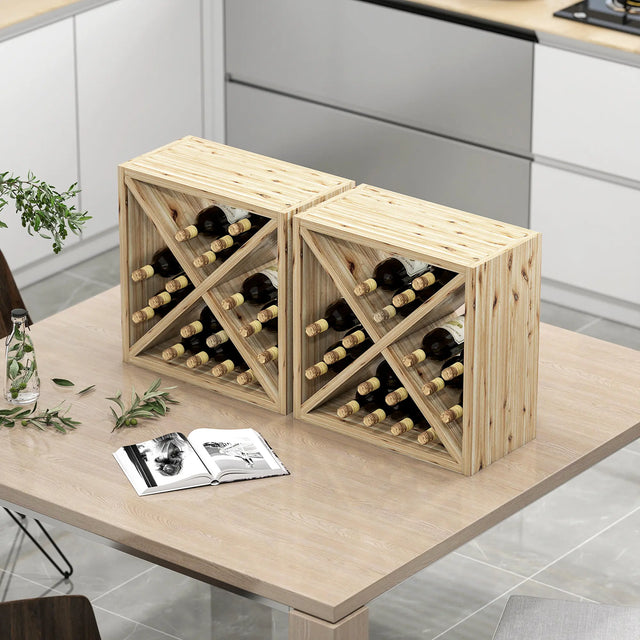 HOMCOM Set of 2 Wooden Wine Rack, X-Shaped Square Tabletop Storage Holder for 24 Bottle, Natural Wood