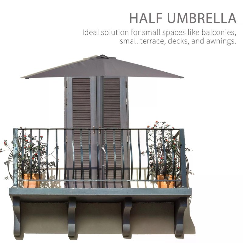 Outsunny Balcony Half Parasol Semi Round Umbrella Patio Crank Handle (2.3 m, Grey)- NO BASE INCLUDED