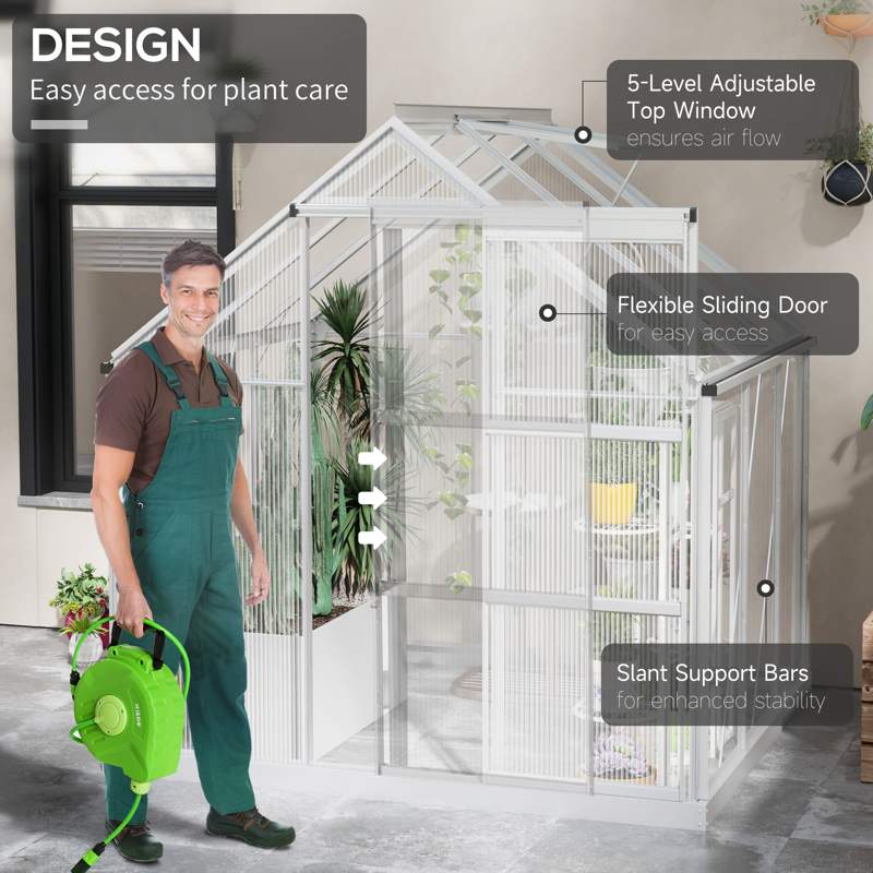 Outsunny 6 x 6ft Walk-In Greenhouse, Polycarbonate Greenhouse with Sliding Door, Window, Aluminium Frame, Foundation, Silver