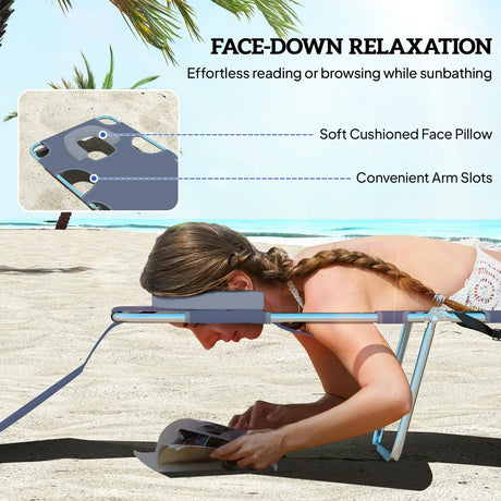 Outsunny Foldable Sun Lounger, Beach Chaise Lounge with Reading Hole, Arm Slots, 5-Position Adjustable Backrest, Side Pocket, Pillow for Garden, Beach, Pool, Grey
