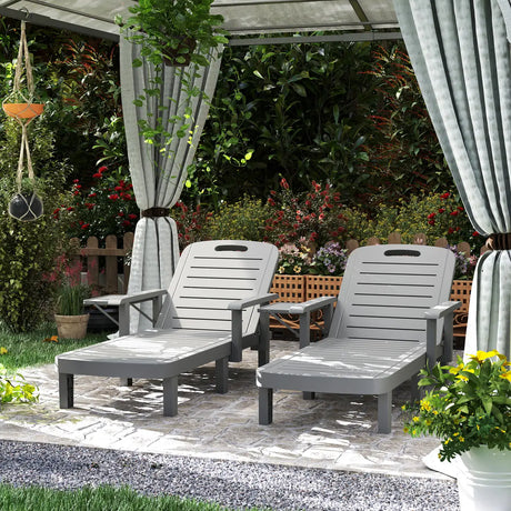 Outsunny Set of 2 Resin Reclining Sun Loungers for Garden, 5 Positions Adjustable Outdoor Chaise Lounge Chairs with Wood Texture Surface, Armrests, Foldable Side Table for Garden, Beach, Dark Grey