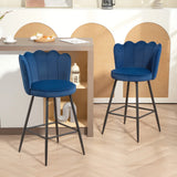 HOMCOM Set of Two Velvet-Feel Lotus Bar Stools - Dark Blue