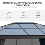 Outsunny 3.6 x 4m Hardtop Gazebo Canopy with Polycarbonate Roof, Aluminium Frame, Permanent Pavilion Garden Gazebo with Netting and Curtains for Patio, Deck, Dark Grey