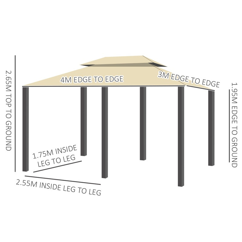 Outsunny 4m x 3(m)Garden Gazebo, Double Roof Outdoor Gazebo Canopy Shelter with Curtains, Solid Steel Frame for Lawn and Deck, Beige