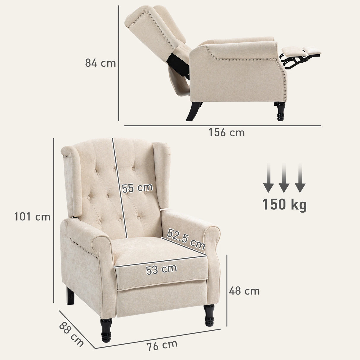HOMCOM 150 Reclining Vintage Armchair, with footrest - Beige