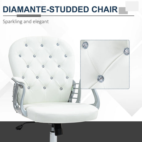 Vinsetto Office Chair Ergonomic 360 Swivel PU Diamante Padded Base 5 Castor Wheels for Home Work White