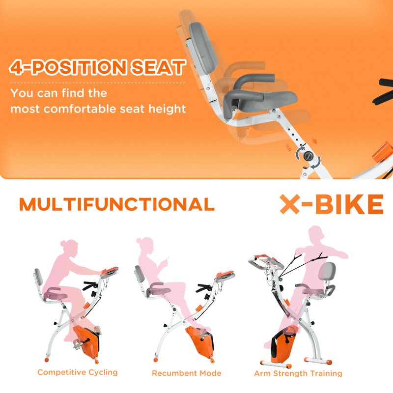 HOMCOM 2-in-1 Folding Exercise Bike with 8-Level Magnetic Resistance, Arm Resistance Band, Pulse Sensor, Orange