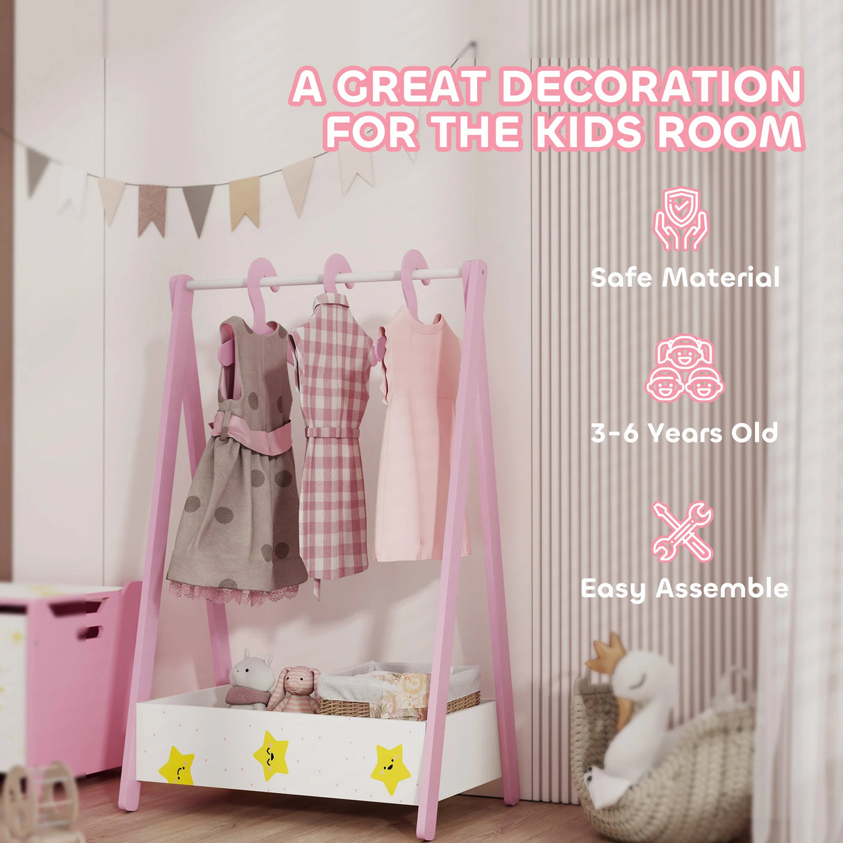 AIYAPLAY Baby Clothing Rack with Hangers, Storage Shelf for Bedroom, Star Theme, for Ages 3-6, Pink