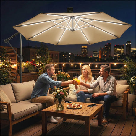 Outsunny 3 m Garden Cantilever Parasol with LED Solar Light, Round Overhanging Umbrella with 360 Rotation, Cover, Khaki