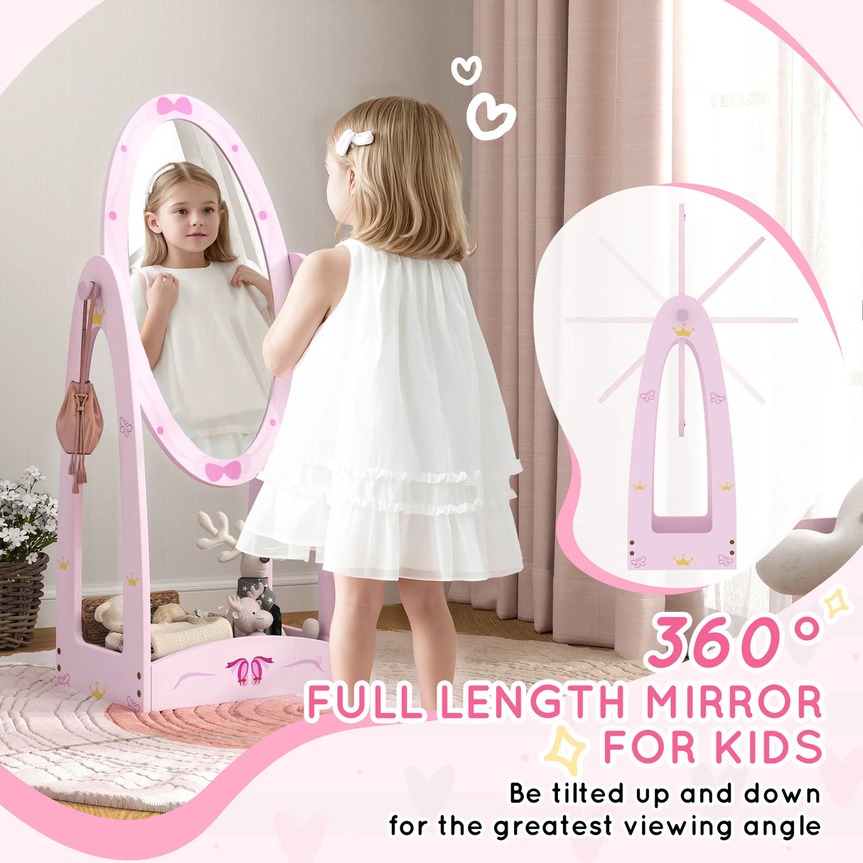 AIYAPLAY Kids Full Length Mirror, 360 Rotating Children Standing Mirror with Storage Shelf, Pink