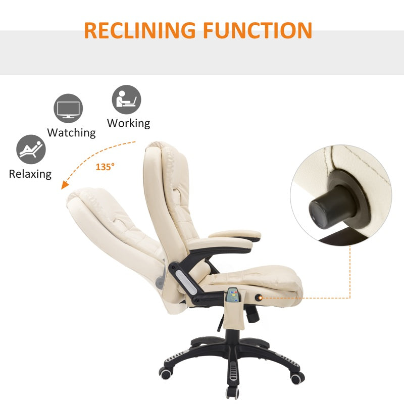 HOMCOM 6-Point Massage Office Chair with Seat Heated for Home Office, PU Leather High Back Executive Desk Chair with Adjustable Height and 360 Swivel for Work Study, Beige