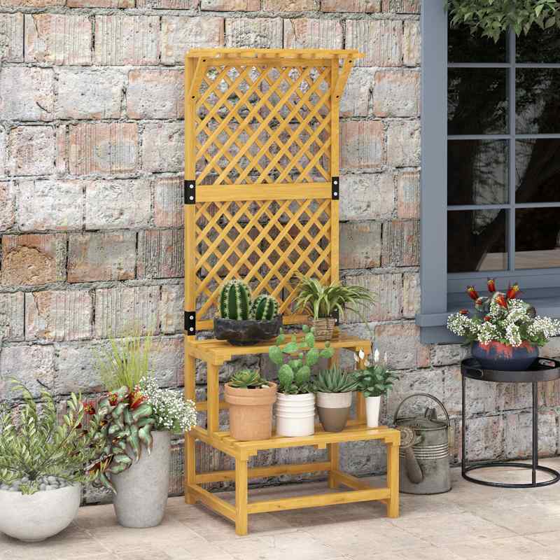 Outsunny Wooden Plant Stand, with Trellis - Natural Finish