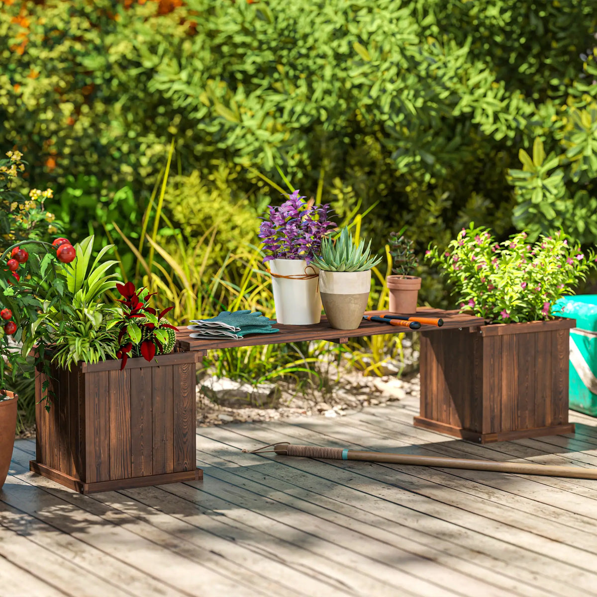Outsunny Wooden Garden Planter & Bench Combination Garden Raised Bed Patio Park Carbonised Finish 176 x 38 x 40 cm
