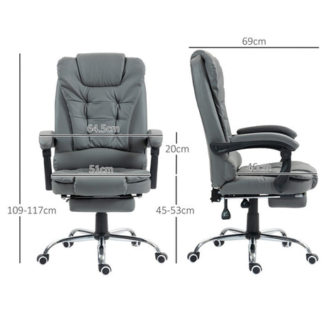 HOMCOM Executive Office Chair, PU Leather High Back Desk Chair with Adjustable Height, Recliner Computer Swivel Chair with Footrest for Home Office, Grey